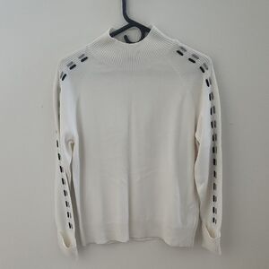 Alison Sheri White Sweater with Black And Grey Sleeve Accents